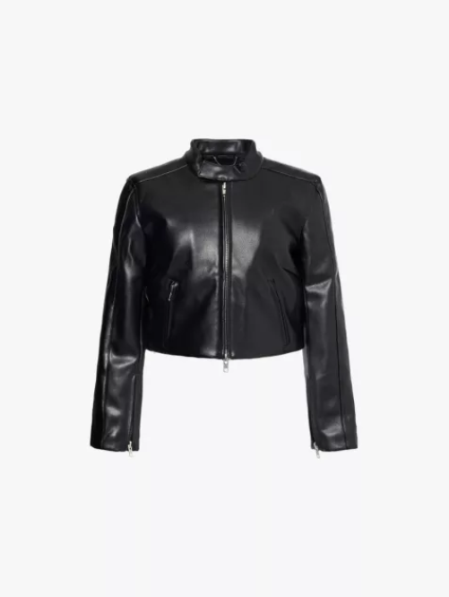 Stand Collar Cropped Faux Leather Jacket